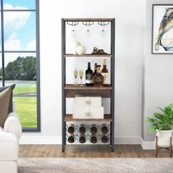 Halsey Brown 4-Tier Industrial Wine Rack Cabinet Storage Bar Bakers Floor Freestanding Glass Holder for Home Office by TRIBESIGNS WAY TO ORIGIN -Deals Glitzhome Store brown tribesigns way to origin bar cabinets hd jw0140 wzz 4f 1000