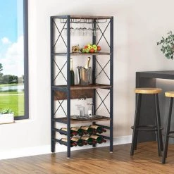 Halsey Brown 4-Tier Industrial Wine Rack Cabinet Storage Bar Bakers Floor Freestanding Glass Holder for Home Office by TRIBESIGNS WAY TO ORIGIN -Deals Glitzhome Store brown tribesigns way to origin bar cabinets hd jw0140 wzz 76 1000