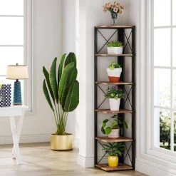 Jannelly 70.8 in. Rustic Brown Wood and Black Metal Frame 6 tier Radial Corner Shelves Bookcase Storage Rack Plant Stand by TRIBESIGNS WAY TO ORIGIN -Deals Glitzhome Store brown tribesigns way to origin bookcases bookshelves hd f1356 wzz 1f 1000