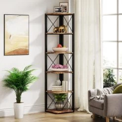 Jannelly 70.8 in. Rustic Brown Wood and Black Metal Frame 6 tier Radial Corner Shelves Bookcase Storage Rack Plant Stand by TRIBESIGNS WAY TO ORIGIN -Deals Glitzhome Store brown tribesigns way to origin bookcases bookshelves hd f1356 wzz 4f 1000