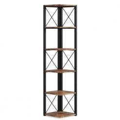 Jannelly 70.8 in. Rustic Brown Wood and Black Metal Frame 6 tier Radial Corner Shelves Bookcase Storage Rack Plant Stand by TRIBESIGNS WAY TO ORIGIN
