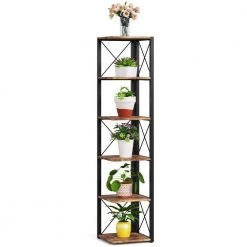 Jannelly 70.8 in. Rustic Brown Wood and Black Metal Frame 6 tier Radial Corner Shelves Bookcase Storage Rack Plant Stand by TRIBESIGNS WAY TO ORIGIN -Deals Glitzhome Store brown tribesigns way to origin bookcases bookshelves hd f1356 wzz 66 1000