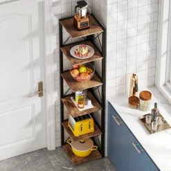 Jannelly 70.8 in. Rustic Brown Wood and Black Metal Frame 6 tier Radial Corner Shelves Bookcase Storage Rack Plant Stand by TRIBESIGNS WAY TO ORIGIN -Deals Glitzhome Store brown tribesigns way to origin bookcases bookshelves hd f1356 wzz c3 1000