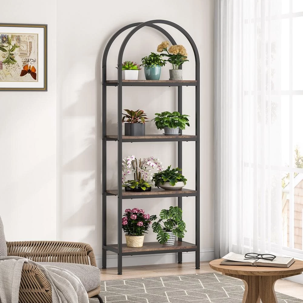 Jannelly 23.62 in. Brown Wood and Black Metal 4tier Radial Corner Shelves Bookcase Storage Rack Plant Stand by TRIBESIGNS WAY TO ORIGIN 7 Jannelly 23.62 in. Brown Wood and Black Metal 4tier Radial Corner Shelves Bookcase Storage Rack Plant Stand by TRIBESIGNS WAY TO ORIGIN - Image 5