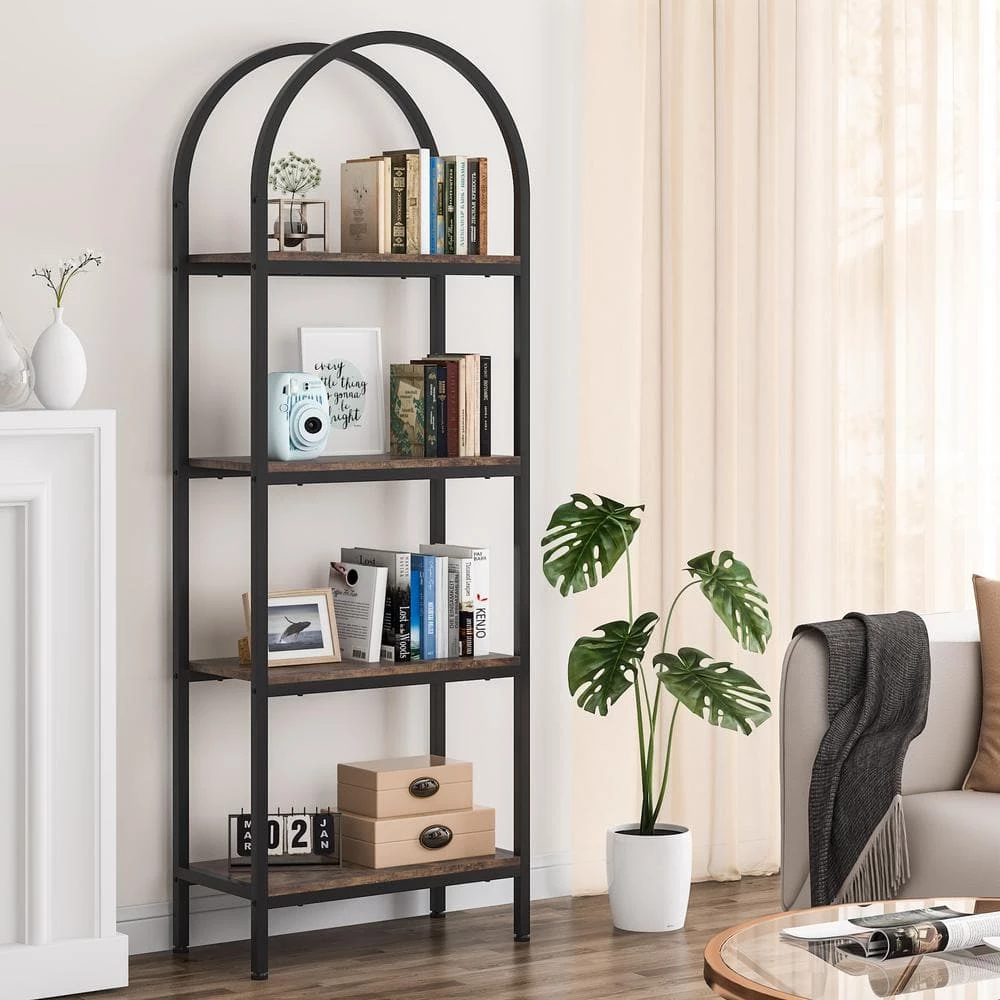 Jannelly 23.62 in. Brown Wood and Black Metal 4tier Radial Corner Shelves Bookcase Storage Rack Plant Stand by TRIBESIGNS WAY TO ORIGIN 11 Jannelly 23.62 in. Brown Wood and Black Metal 4tier Radial Corner Shelves Bookcase Storage Rack Plant Stand by TRIBESIGNS WAY TO ORIGIN - Image 9