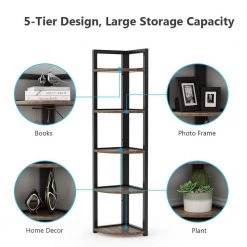 Charlie 59 in. Rustic Brown Wood and Black Metal Frame 5-Shelf Radial Corner Shelf Bookshelf Storage Rack Plant Stand by TRIBESIGNS WAY TO ORIGIN -Deals Glitzhome Store brown tribesigns way to origin bookcases bookshelves hd sfc0054 4f 1000