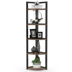 Charlie 59 in. Rustic Brown Wood and Black Metal Frame 5-Shelf Radial Corner Shelf Bookshelf Storage Rack Plant Stand by TRIBESIGNS WAY TO ORIGIN