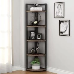 Charlie 59 in. Rustic Brown Wood and Black Metal Frame 5-Shelf Radial Corner Shelf Bookshelf Storage Rack Plant Stand by TRIBESIGNS WAY TO ORIGIN -Deals Glitzhome Store brown tribesigns way to origin bookcases bookshelves hd sfc0054 c3 1000