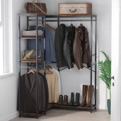 Billie 47.2 in. W Closet Corner System Freestanding L-Shape Closet Organizer Clothing Garment Rack with 4-Hanging Rods by TRIBESIGNS WAY TO ORIGIN -Deals Glitzhome Store brown tribesigns way to origin coat racks hd ggjw0226 76 1000