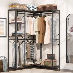Billie 47.2 in. W Closet Corner System Freestanding L-Shape Closet Organizer Clothing Garment Rack with 4-Hanging Rods by TRIBESIGNS WAY TO ORIGIN -Deals Glitzhome Store brown tribesigns way to origin coat racks hd ggjw0226 c3 1000