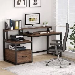 Matt 59 in. Rectangular Black Metal Brown Particle Board Wood 1 File Drawer Computer Desk with Monitor Stand and Shelf by TRIBESIGNS WAY TO ORIGIN -Deals Glitzhome Store brown tribesigns way to origin computer desks hd c0157 31 1000