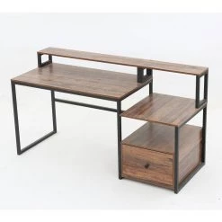 Matt 59 in. Rectangular Black Metal Brown Particle Board Wood 1 File Drawer Computer Desk with Monitor Stand and Shelf by TRIBESIGNS WAY TO ORIGIN