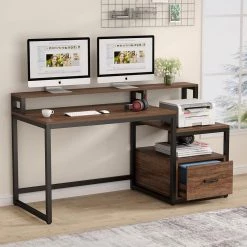 Matt 59 in. Rectangular Black Metal Brown Particle Board Wood 1 File Drawer Computer Desk with Monitor Stand and Shelf by TRIBESIGNS WAY TO ORIGIN -Deals Glitzhome Store brown tribesigns way to origin computer desks hd c0157 c3 1000