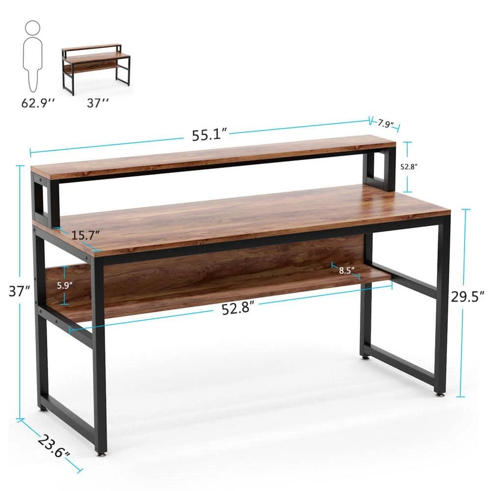 Meghan 55 in. Rectangular Black Metal and Brown Particle Wood Board Top Computer Desk with Monitor Stand and Shelf by TRIBESIGNS WAY TO ORIGIN 5 Meghan 55 in. Rectangular Black Metal and Brown Particle Wood Board Top Computer Desk with Monitor Stand and Shelf by TRIBESIGNS WAY TO ORIGIN - Image 3