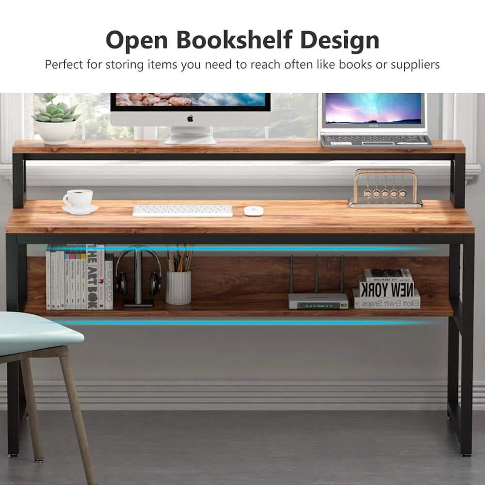 Meghan 55 in. Rectangular Black Metal and Brown Particle Wood Board Top Computer Desk with Monitor Stand and Shelf by TRIBESIGNS WAY TO ORIGIN 4 Meghan 55 in. Rectangular Black Metal and Brown Particle Wood Board Top Computer Desk with Monitor Stand and Shelf by TRIBESIGNS WAY TO ORIGIN - Image 2