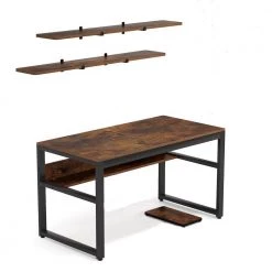 Halseey 47.24 in. Rectangle Black Metal Brown Particle Board Wood Top Computer Desk with CPU Holder and Floating Shelves by TRIBESIGNS WAY TO ORIGIN