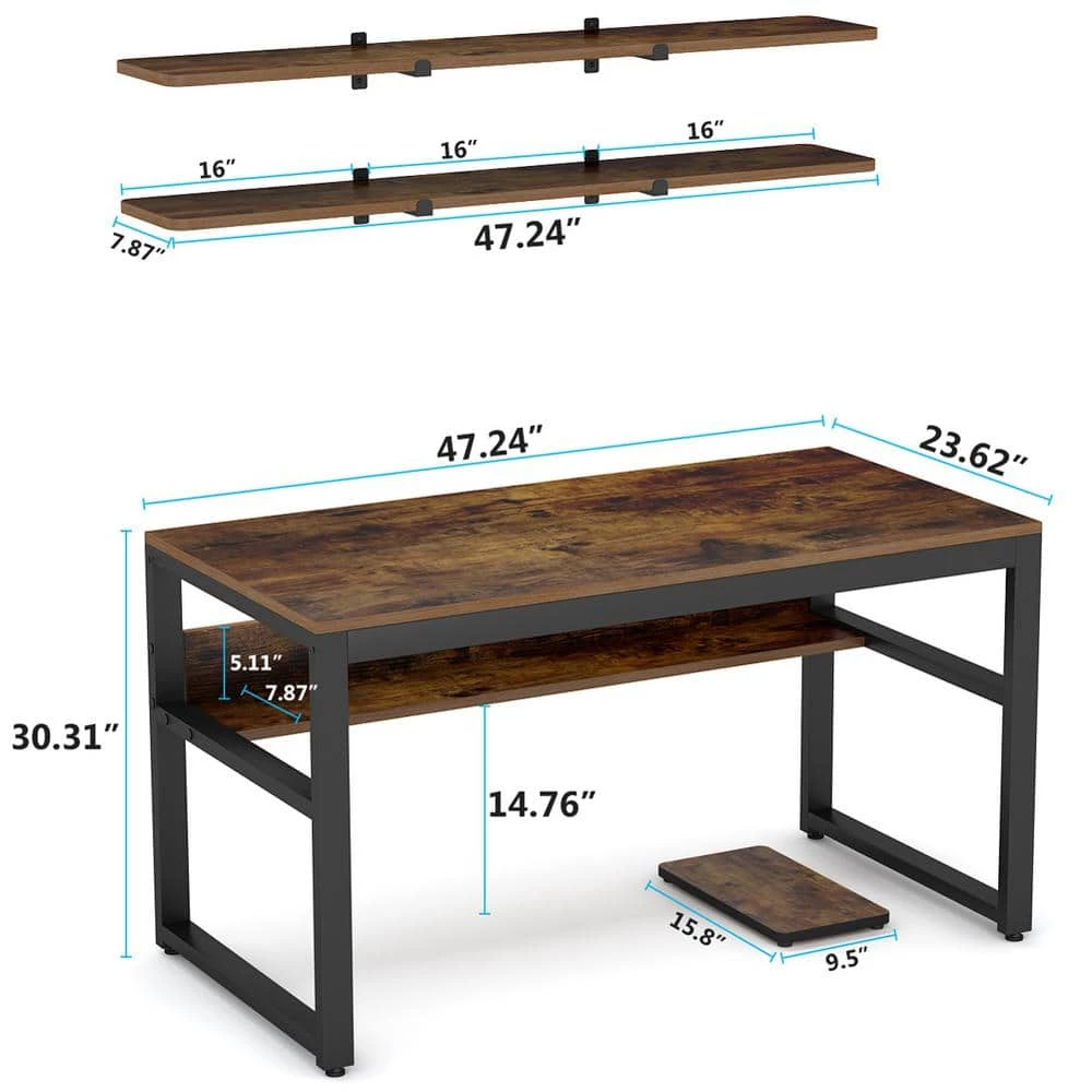 Halseey 47.24 in. Rectangle Black Metal Brown Particle Board Wood Top Computer Desk with CPU Holder and Floating Shelves by TRIBESIGNS WAY TO ORIGIN 5 Halseey 47.24 in. Rectangle Black Metal Brown Particle Board Wood Top Computer Desk with CPU Holder and Floating Shelves by TRIBESIGNS WAY TO ORIGIN - Image 3