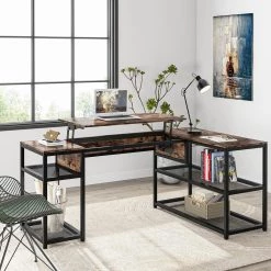 Monroe 63 in. L-Shape Black Metal Brown Particle Board Wood Corner Computer Desk with Adjustable Lift Top and Shelves by TRIBESIGNS WAY TO ORIGIN -Deals Glitzhome Store brown tribesigns way to origin computer desks hd c0277 31 1000