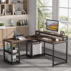 Malone 59 in. L-Shape Black Metal Brown Particle Board Wood Top Computer Desk with Monitor Stand Rotating Shelves by TRIBESIGNS WAY TO ORIGIN -Deals Glitzhome Store brown tribesigns way to origin computer desks hd c0281 31 1000