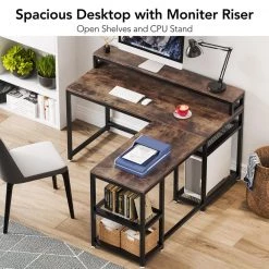 Malone 59 in. L-Shape Black Metal Brown Particle Board Wood Top Computer Desk with Monitor Stand Rotating Shelves by TRIBESIGNS WAY TO ORIGIN -Deals Glitzhome Store brown tribesigns way to origin computer desks hd c0281 44 1000