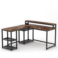 Malone 59 in. L-Shape Black Metal Brown Particle Board Wood Top Computer Desk with Monitor Stand Rotating Shelves by TRIBESIGNS WAY TO ORIGIN