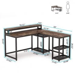 Malone 59 in. L-Shape Black Metal Brown Particle Board Wood Top Computer Desk with Monitor Stand Rotating Shelves by TRIBESIGNS WAY TO ORIGIN -Deals Glitzhome Store brown tribesigns way to origin computer desks hd c0281 77 1000