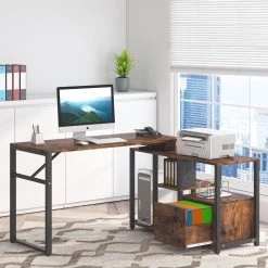 Tory 47 in. L-Shape Black Metal Brown Particle Board Wood Top 1 Drawer Computer Desk with Rotating Shelves and Storage by TRIBESIGNS WAY TO ORIGIN -Deals Glitzhome Store brown tribesigns way to origin computer desks hd c0330 31 1000