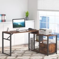 Tory 47 in. L-Shape Black Metal Brown Particle Board Wood Top 1 Drawer Computer Desk with Rotating Shelves and Storage by TRIBESIGNS WAY TO ORIGIN -Deals Glitzhome Store brown tribesigns way to origin computer desks hd c0330 c3 1000