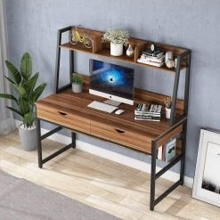 Lipa 47 in. Rectangular Black Metal Brown Particle Board Wood 2 Drawer Laptop Desk with Bookshelf and Hutch by TRIBESIGNS WAY TO ORIGIN -Deals Glitzhome Store brown tribesigns way to origin computer desks hd c0387 31 1000