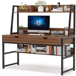 Lipa 47 in. Rectangular Black Metal Brown Particle Board Wood 2 Drawer Laptop Desk with Bookshelf and Hutch by TRIBESIGNS WAY TO ORIGIN