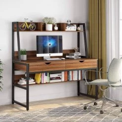 Lipa 47 in. Rectangular Black Metal Brown Particle Board Wood 2 Drawer Laptop Desk with Bookshelf and Hutch by TRIBESIGNS WAY TO ORIGIN -Deals Glitzhome Store brown tribesigns way to origin computer desks hd c0387 c3 1000