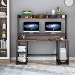 Wanz 55 in. Rectangular Black Metal Brown Particle Board Wood Computer Desk with Hutch Storage Shelves Monitor Stand by TRIBESIGNS WAY TO ORIGIN 11 Wanz 55 in. Rectangular Black Metal Brown Particle Board Wood Computer Desk with Hutch Storage Shelves Monitor Stand by TRIBESIGNS WAY TO ORIGIN -Deals Glitzhome Store brown tribesigns way to origin computer desks hd c0437 31 1000