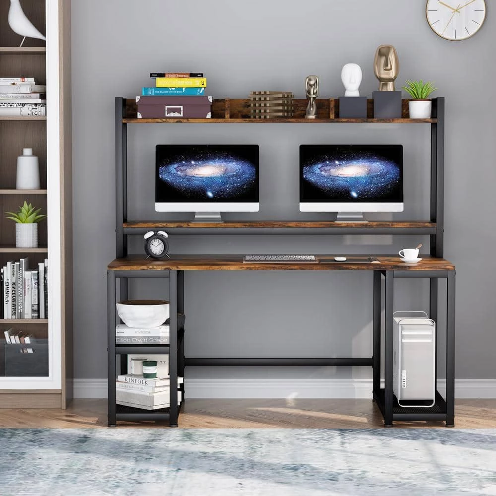 Wanz 55 in. Rectangular Black Metal Brown Particle Board Wood Computer Desk with Hutch Storage Shelves Monitor Stand by TRIBESIGNS WAY TO ORIGIN 7 Wanz 55 in. Rectangular Black Metal Brown Particle Board Wood Computer Desk with Hutch Storage Shelves Monitor Stand by TRIBESIGNS WAY TO ORIGIN - Image 5