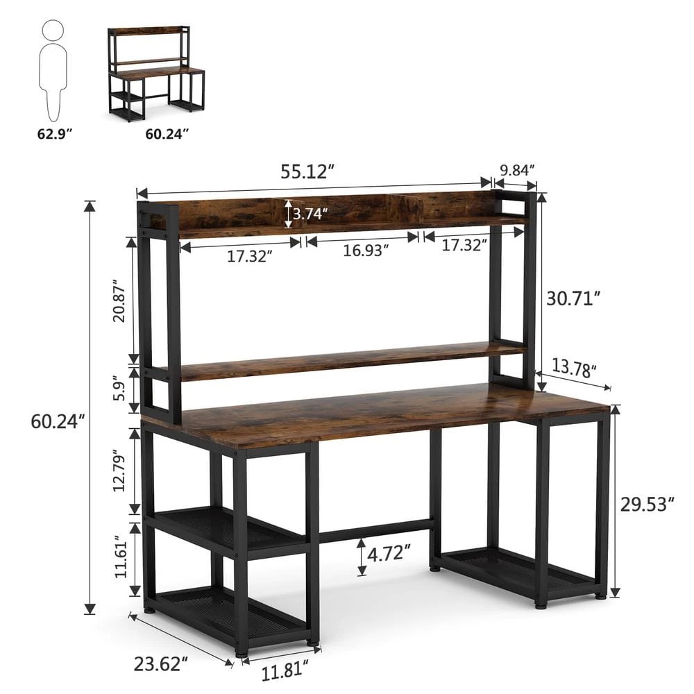 Wanz 55 in. Rectangular Black Metal Brown Particle Board Wood Computer Desk with Hutch Storage Shelves Monitor Stand by TRIBESIGNS WAY TO ORIGIN 5 Wanz 55 in. Rectangular Black Metal Brown Particle Board Wood Computer Desk with Hutch Storage Shelves Monitor Stand by TRIBESIGNS WAY TO ORIGIN - Image 3