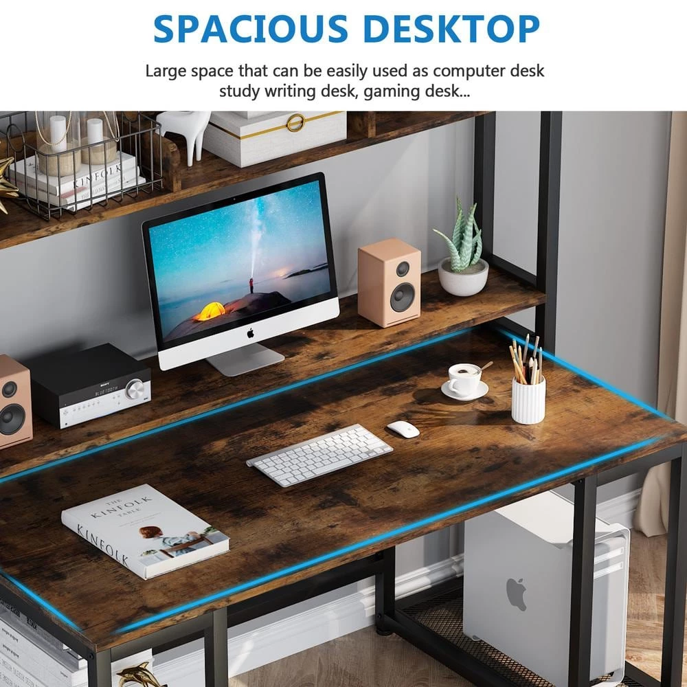 Wanz 55 in. Rectangular Black Metal Brown Particle Board Wood Computer Desk with Hutch Storage Shelves Monitor Stand by TRIBESIGNS WAY TO ORIGIN 4 Wanz 55 in. Rectangular Black Metal Brown Particle Board Wood Computer Desk with Hutch Storage Shelves Monitor Stand by TRIBESIGNS WAY TO ORIGIN - Image 2