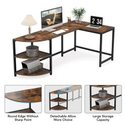 Halseey 74.8 in. W L-Shaped Brown Corner Computer Reversible Writing Studying Reading Desk 3 Tier Storage Shelves by TRIBESIGNS WAY TO ORIGIN -Deals Glitzhome Store brown tribesigns way to origin computer desks hd cj063 wzz 66 1000