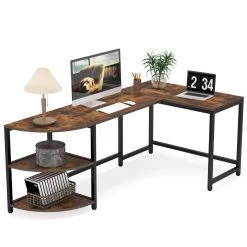 Halseey 74.8 in. W L-Shaped Brown Corner Computer Reversible Writing Studying Reading Desk 3 Tier Storage Shelves by TRIBESIGNS WAY TO ORIGIN -Deals Glitzhome Store brown tribesigns way to origin computer desks hd cj063 wzz 77 1000