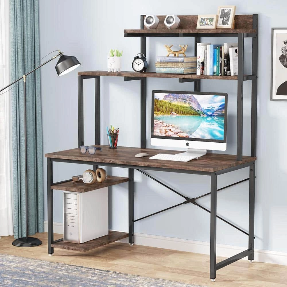 Gavin 47 in. Rectangular Black Metal and Walnut Particle Wood Board Computer Desk with Storage Shelves Hutch CPU Stand by TRIBESIGNS WAY TO ORIGIN 6 Gavin 47 in. Rectangular Black Metal and Walnut Particle Wood Board Computer Desk with Storage Shelves Hutch CPU Stand by TRIBESIGNS WAY TO ORIGIN - Image 4