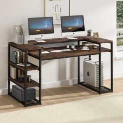 Heidi 63 in. Rectangular Black Metal Brown Particle Board Wood Computer Desk with Storage Shelves Monitor Printer Stand by TRIBESIGNS WAY TO ORIGIN 13 Heidi 63 in. Rectangular Black Metal Brown Particle Board Wood Computer Desk with Storage Shelves Monitor Printer Stand by TRIBESIGNS WAY TO ORIGIN -Deals Glitzhome Store brown tribesigns way to origin computer desks hd f1352 c3 1000
