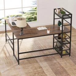 Kris 59 in. L-Shape Black Metal Brown Particle Board Wood Top Corner Computer Desk with 4 Tier Storage Shelf by TRIBESIGNS WAY TO ORIGIN -Deals Glitzhome Store brown tribesigns way to origin computer desks hd jw0005 4f 1000