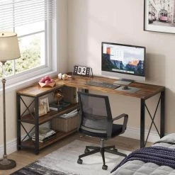Halseey 53.15 in. W L-Shaped Brown Computer Desk Writing Studying Reading Desk 2-Tier Storage Shelves by TRIBESIGNS WAY TO ORIGIN -Deals Glitzhome Store brown tribesigns way to origin computer desks hd jw0010 wzz 1f 1000