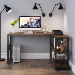 Halseey 53.15 in. W L-Shaped Brown Computer Desk Writing Studying Reading Desk 2-Tier Storage Shelves by TRIBESIGNS WAY TO ORIGIN -Deals Glitzhome Store brown tribesigns way to origin computer desks hd jw0010 wzz 4f 1000