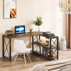 Halseey 53.15 in. W L-Shaped Brown Computer Desk Writing Studying Reading Desk 2-Tier Storage Shelves by TRIBESIGNS WAY TO ORIGIN -Deals Glitzhome Store brown tribesigns way to origin computer desks hd jw0010 wzz c3 1000