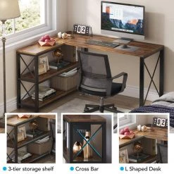 Halseey 53.15 in. W L-Shaped Brown Computer Desk Writing Studying Reading Desk 2-Tier Storage Shelves by TRIBESIGNS WAY TO ORIGIN -Deals Glitzhome Store brown tribesigns way to origin computer desks hd jw0010 wzz fa 1000