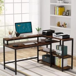 Ariana 55 in. L-Shape Black Metal Brown Particle Board Wood Top Corner Computer Desk with Monitor Stand Storage Shelf by TRIBESIGNS WAY TO ORIGIN -Deals Glitzhome Store brown tribesigns way to origin computer desks hd jw0052 31 1000