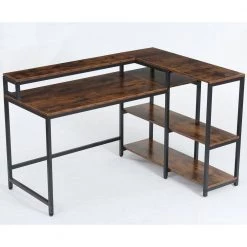 Ariana 55 in. L-Shape Black Metal Brown Particle Board Wood Top Corner Computer Desk with Monitor Stand Storage Shelf by TRIBESIGNS WAY TO ORIGIN