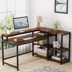 Ariana 55 in. L-Shape Black Metal Brown Particle Board Wood Top Corner Computer Desk with Monitor Stand Storage Shelf by TRIBESIGNS WAY TO ORIGIN -Deals Glitzhome Store brown tribesigns way to origin computer desks hd jw0052 c3 1000