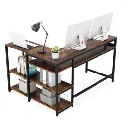 Halseey 55 in. W L-Shaped Brown Corner Computer Desk Writing Studying Reading Desk 2-Tier Storage Shelves Monitor Stand by TRIBESIGNS WAY TO ORIGIN -Deals Glitzhome Store brown tribesigns way to origin computer desks hd jw0052 wzz 1d 1000