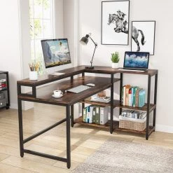 Halseey 55 in. W L-Shaped Brown Corner Computer Desk Writing Studying Reading Desk 2-Tier Storage Shelves Monitor Stand by TRIBESIGNS WAY TO ORIGIN -Deals Glitzhome Store brown tribesigns way to origin computer desks hd jw0052 wzz 1f 1000