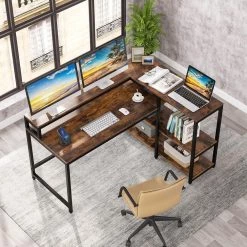 Halseey 55 in. W L-Shaped Brown Corner Computer Desk Writing Studying Reading Desk 2-Tier Storage Shelves Monitor Stand by TRIBESIGNS WAY TO ORIGIN -Deals Glitzhome Store brown tribesigns way to origin computer desks hd jw0052 wzz 44 1000